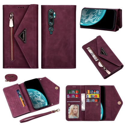 Maroon leather phone wallet case with zipper, card slots, photo window, and lanyard strap