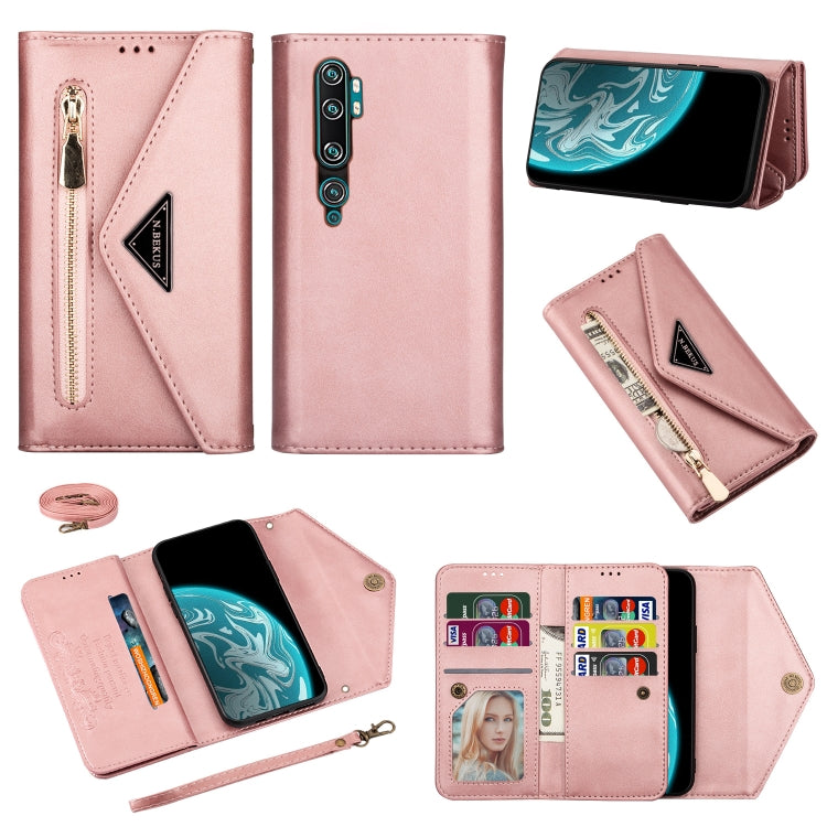Pink leather phone wallet case with zipper, card slots, photo window, and lanyard strap