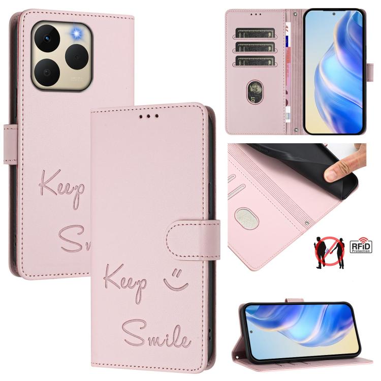 Pink RFID leather folio phone case with Keep Smile pattern, card slots, and stand