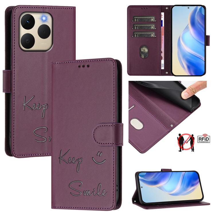Burgundy RFID leather folio phone case with Keep Smile pattern, card slots, and stand
