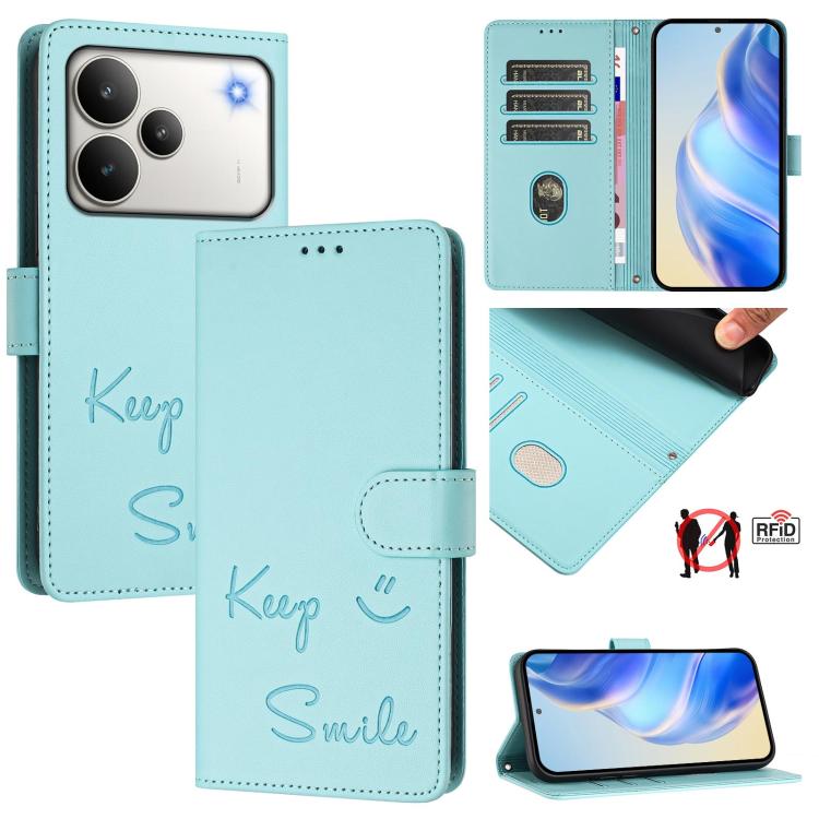 Aqua RFID leather folio phone case, 'Keep Smile' print, card slots, magnetic cover