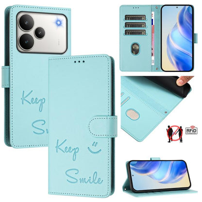 Aqua RFID leather folio phone case, 'Keep Smile' print, card slots, magnetic cover