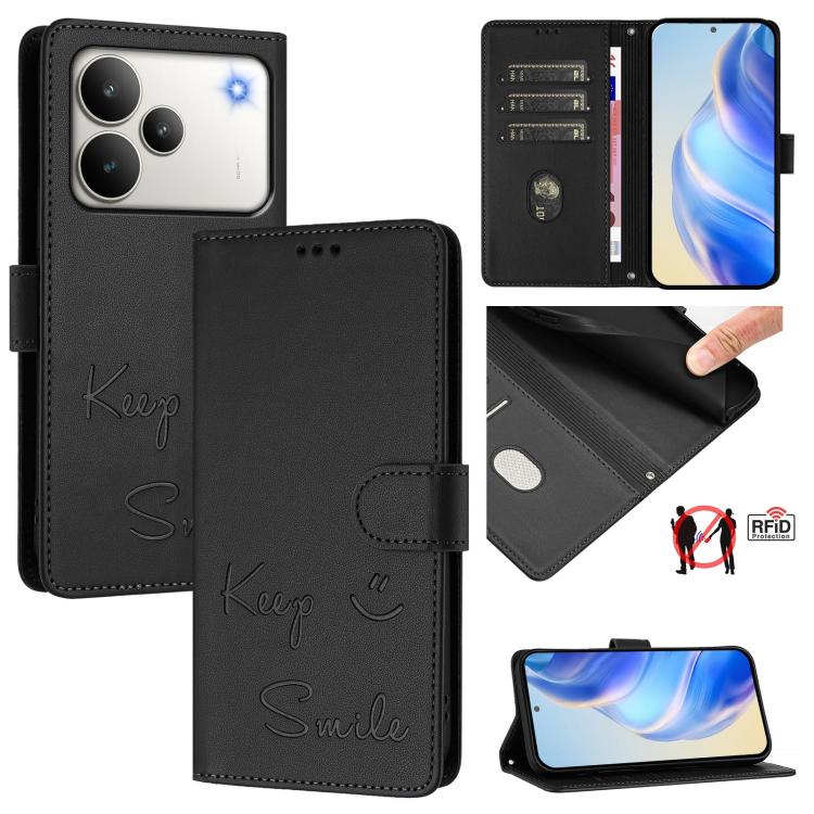 Black/dark gray RFID leather folio phone case, 'Keep Smile' print, card slots, magnetic cover