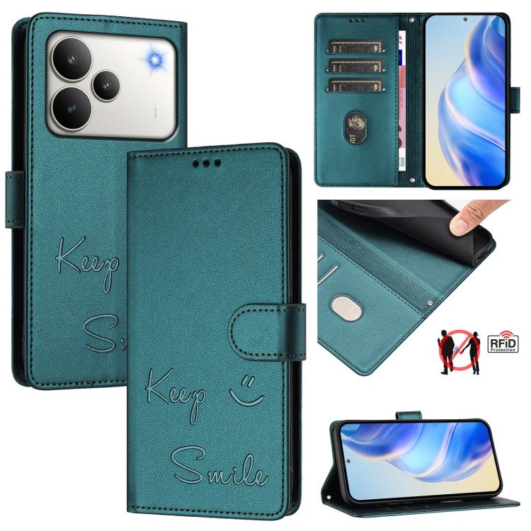 Teal RFID leather folio phone case with Keep Smile pattern, card slots, and stand