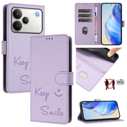Lavender RFID leather folio phone case with Keep Smile pattern, card slots, and stand