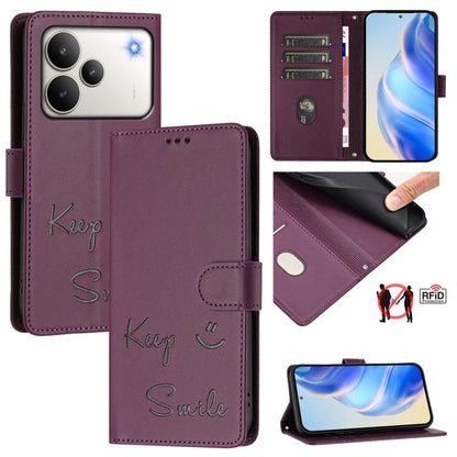 Plum RFID leather folio phone case with Keep Smile pattern, card slots, and stand