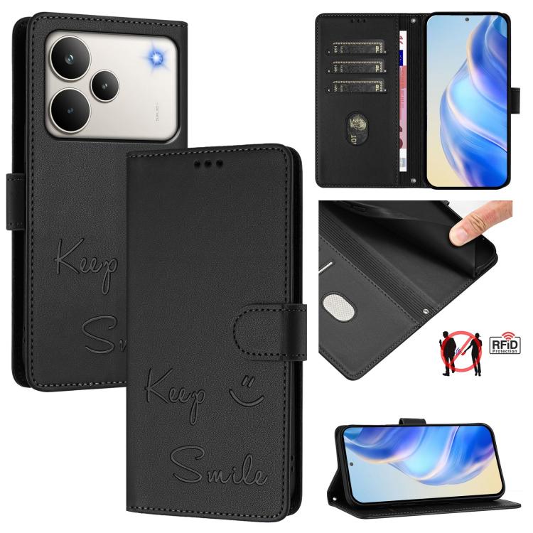 Black RFID leather folio phone case, 'Keep Smile' print, card slots, magnetic cover