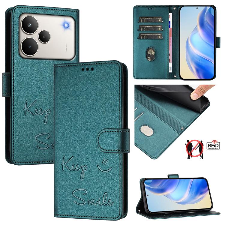 Teal RFID leather folio phone case, 'Keep Smile' print, card slots, magnetic cover