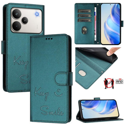Teal RFID leather folio phone case, 'Keep Smile' print, card slots, magnetic cover
