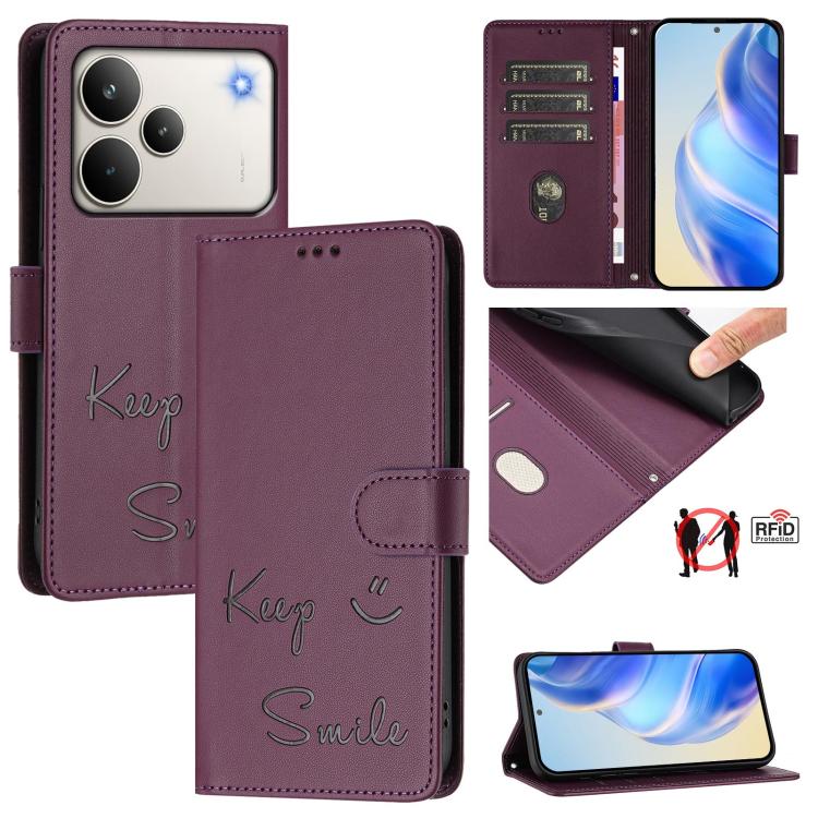 Dark maroon RFID leather folio phone case, 'Keep Smile' print, card slots, magnetic cover