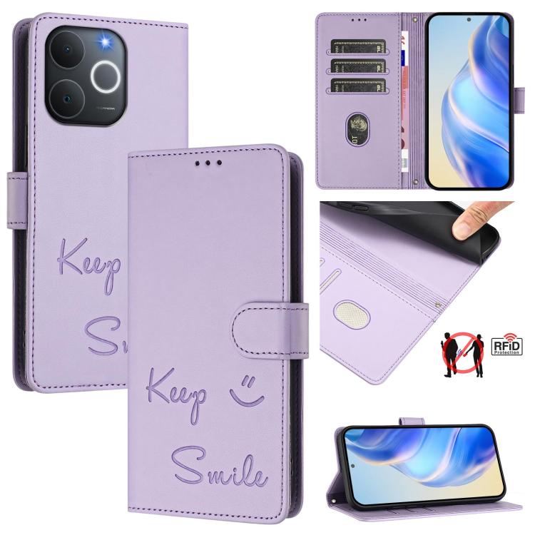 Light purple RFID leather wallet phone case with 'Keep' and 'Smile' text, flip cover
