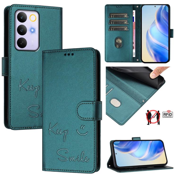 Peacock green RFID leather wallet phone case with 'Keep' and 'Smile' text, flip cover