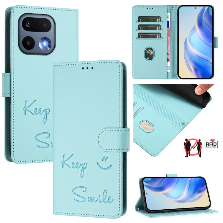Light blue RFID leather phone case with flip wallet and smile embossed lettering