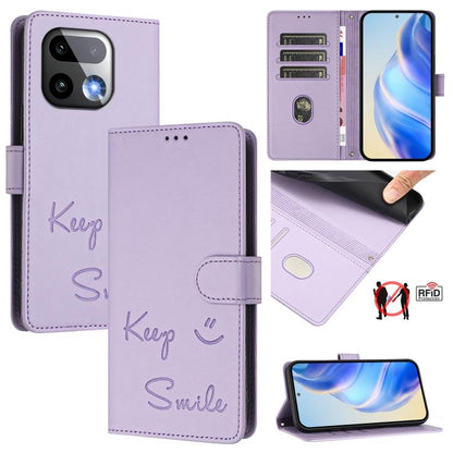 Light purple RFID leather phone case with flip wallet and smile embossed lettering