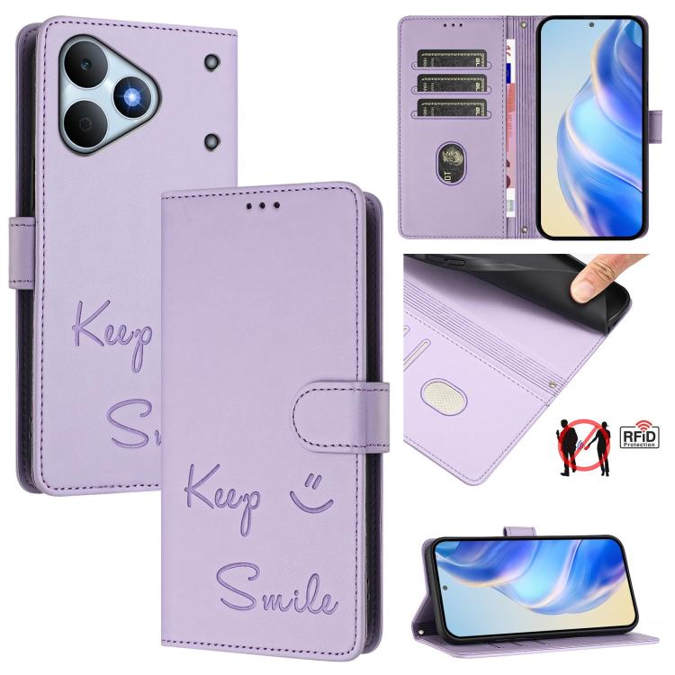 Light purple leather folio phone case with "Keep Smile" embossing, RFID, flip cover