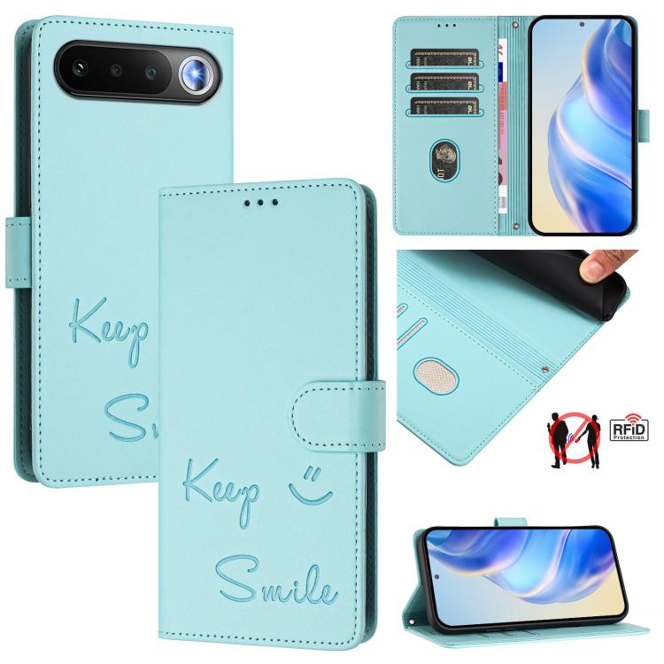 RFID leather folio phone case with flap, Keep & Smile emboss, mint blue finish