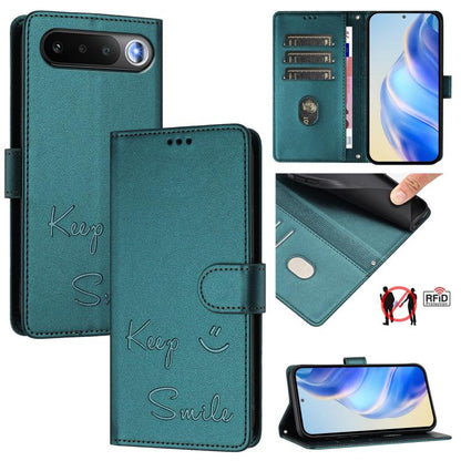 RFID leather folio phone case with flap, Keep & Smile emboss, teal green finish