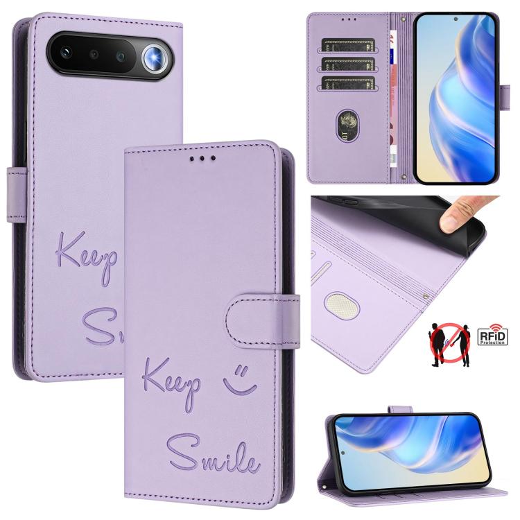 RFID leather folio phone case with flap, Keep & Smile emboss, lavender finish
