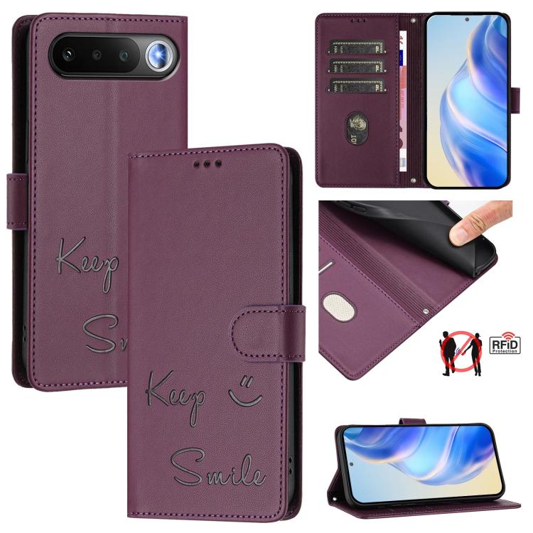 RFID leather folio phone case with flap, Keep & Smile emboss, plum finish