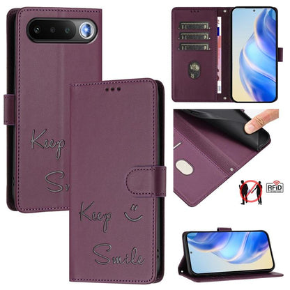RFID leather folio phone case with flap, Keep & Smile emboss, plum finish