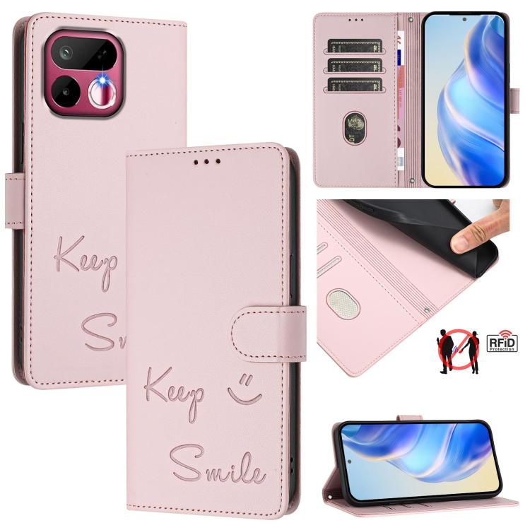 RFID leather phone case with folio design, “Keep Smile” emboss, light pink color, card slots