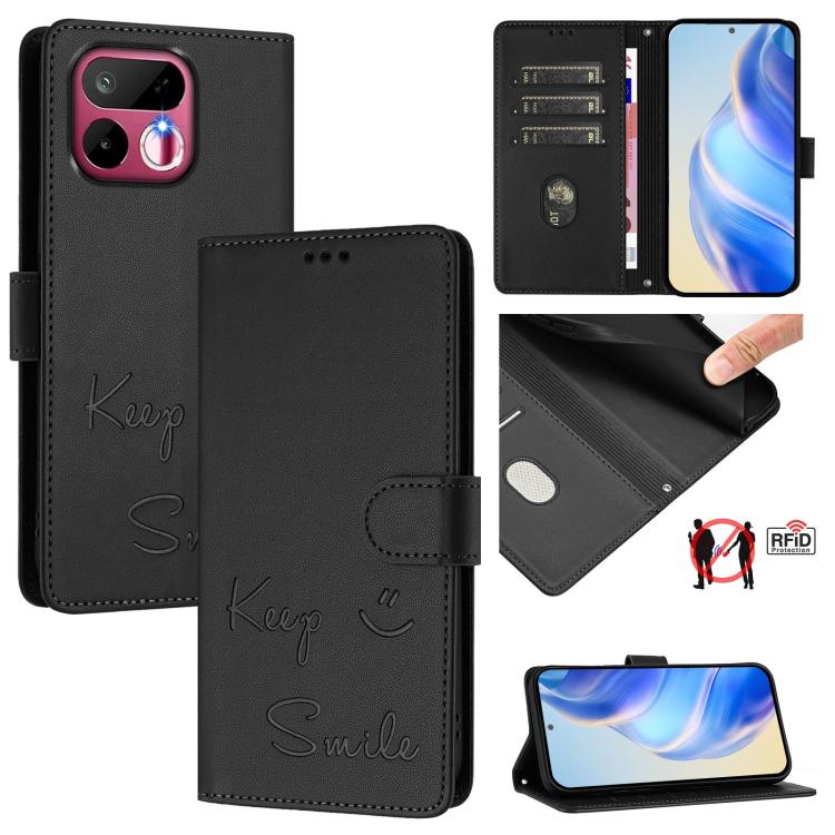 RFID leather phone case folio design, “Keep Smile” emboss, black color, card slots