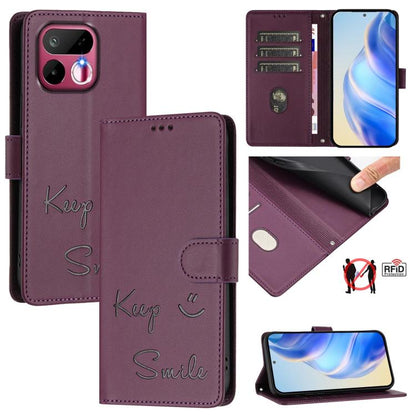 RFID leather phone case folio design with “Keep Smile” emboss, plum color, card slots