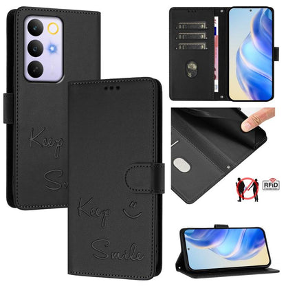 RFID leather phone case folio design with “Keep Smile” emboss, black color, card slots