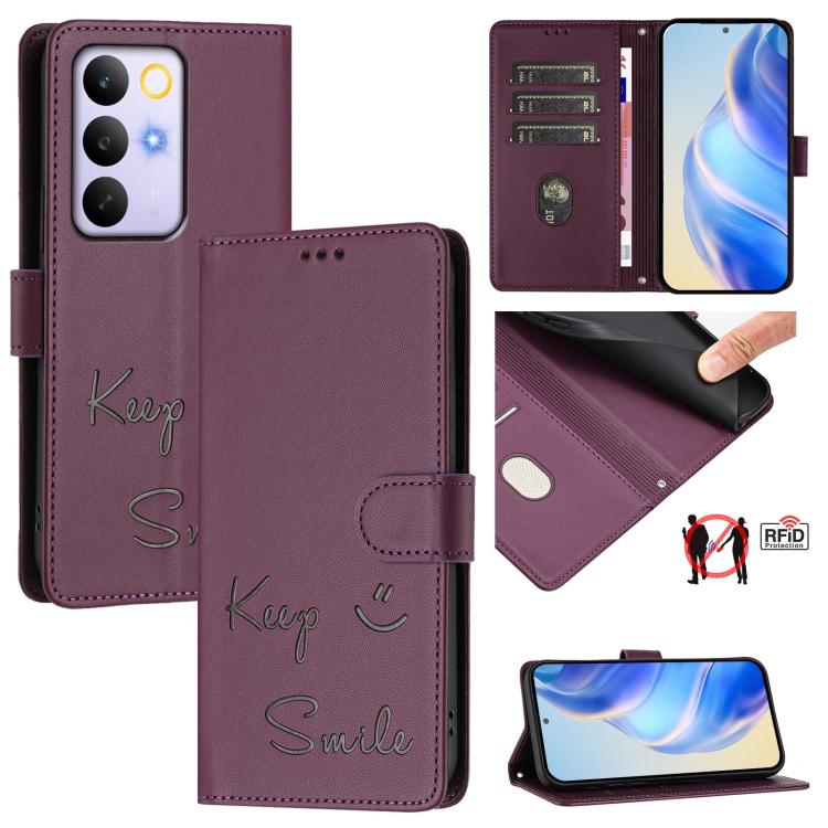 RFID leather folio phone case in plum with “Keep” and “Smile” embossing, card slots