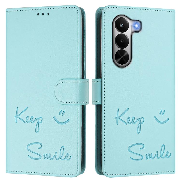Mint green flip wallet phone case with 'Keep Smile' script and stitched folio edges