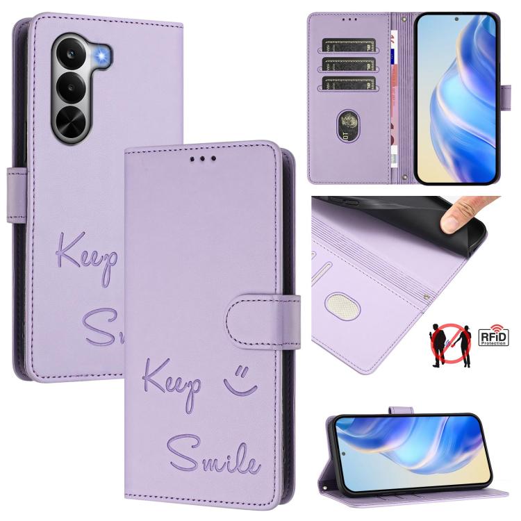 Light purple RFID wallet phone case with folio clasp and 'Keep Smile' embossed text