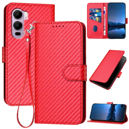 Red carbon-fiber textured leather phone folio case with wrist lanyard and flip cover