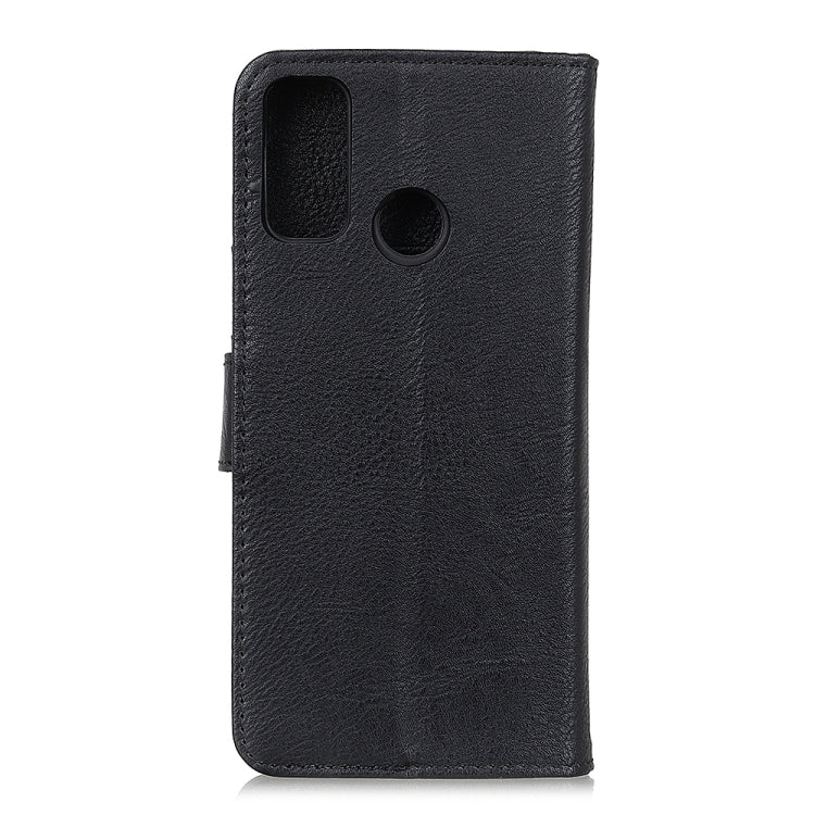 Black textured leather flip phone case with camera and speaker cutouts.