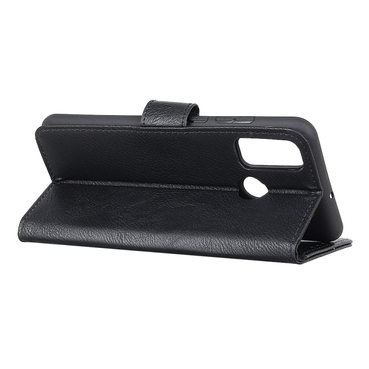 Black flip leather phone case with side cutouts and stand-style viewing flap.