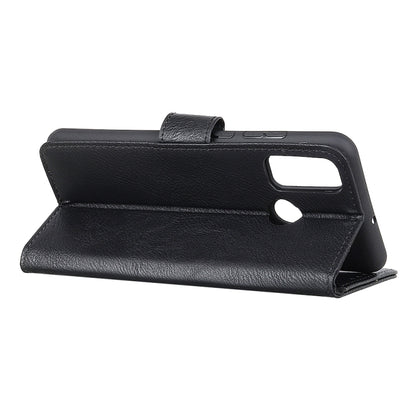 Black flip leather phone case with side cutouts and stand-style viewing flap.