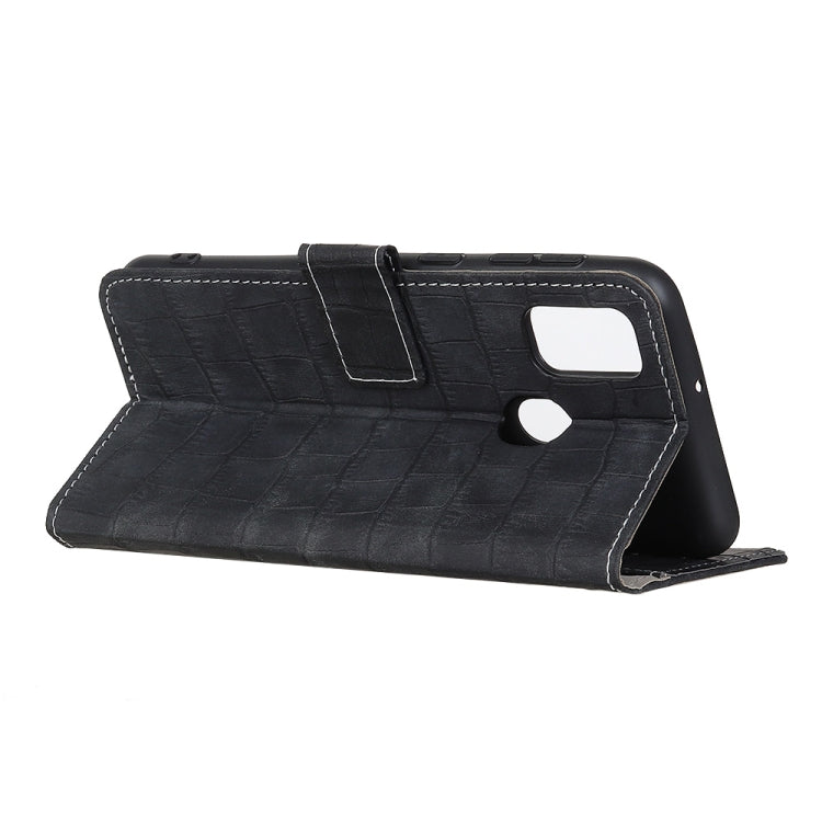 Crocodile-texture leather wallet phone case with stand and cutouts, black
