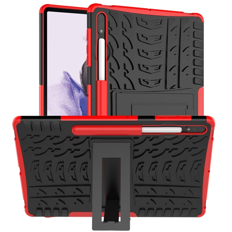 Red and black rugged tablet protective case with built-in kickstand and textured grip