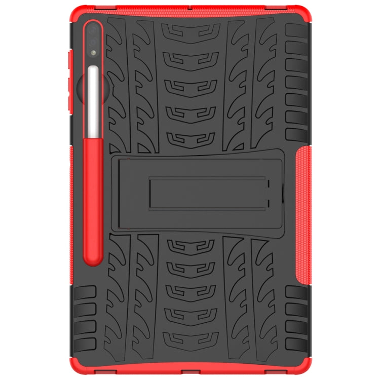 Red-edged tablet case with black textured back and camera-side cutout
