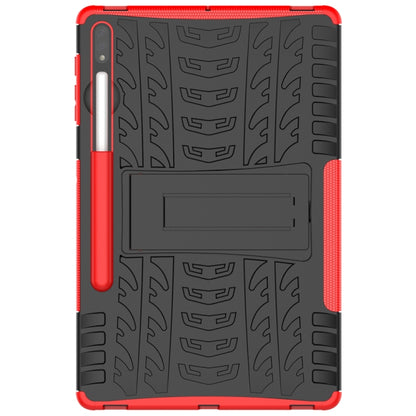 Red-edged tablet case with black textured back and camera-side cutout