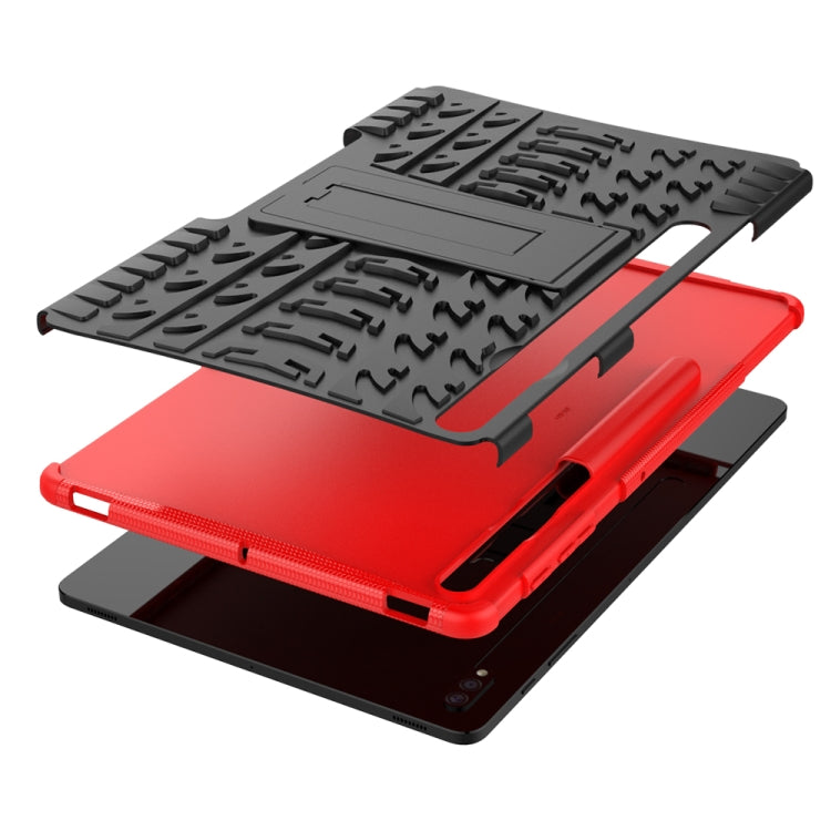 Red and black tablet case with fold-out kickstand and textured protective lid
