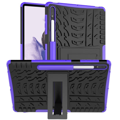 Purple and black rugged tablet protective case with kickstand and textured grip