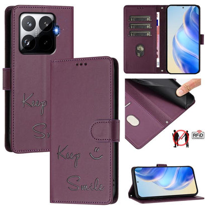 Smile Embossing RFID Leather Phone Case, For Redmi 15 5G Global / 15 4G SEA 169.5mm, For Xiaomi 15T Pro 5G, For Xiaomi 15T 5G, For Redmi Note 14 4G 164.84mm EU Version