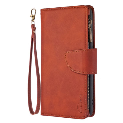 Brown PU leather flip phone wallet case with wrist strap and card holder front