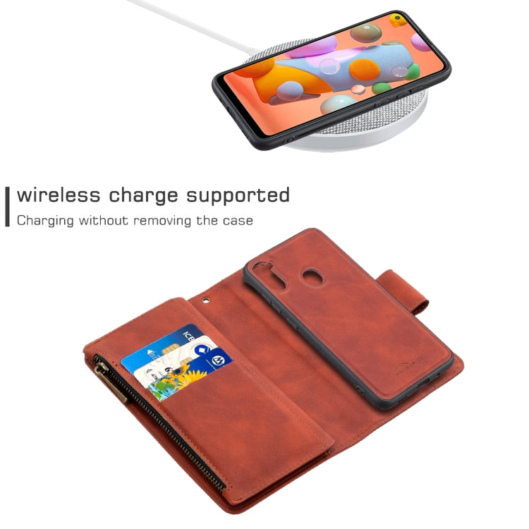 Brown PU leather flip phone wallet case showing card slots and inner zipper pocket