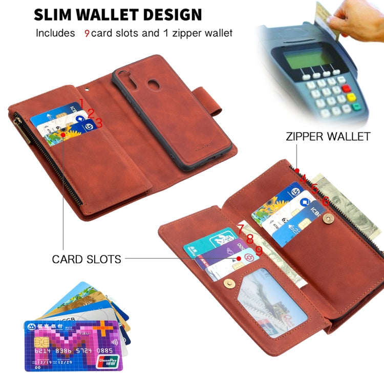 Brown slim PU leather wallet case with card slots and zipper pocket design