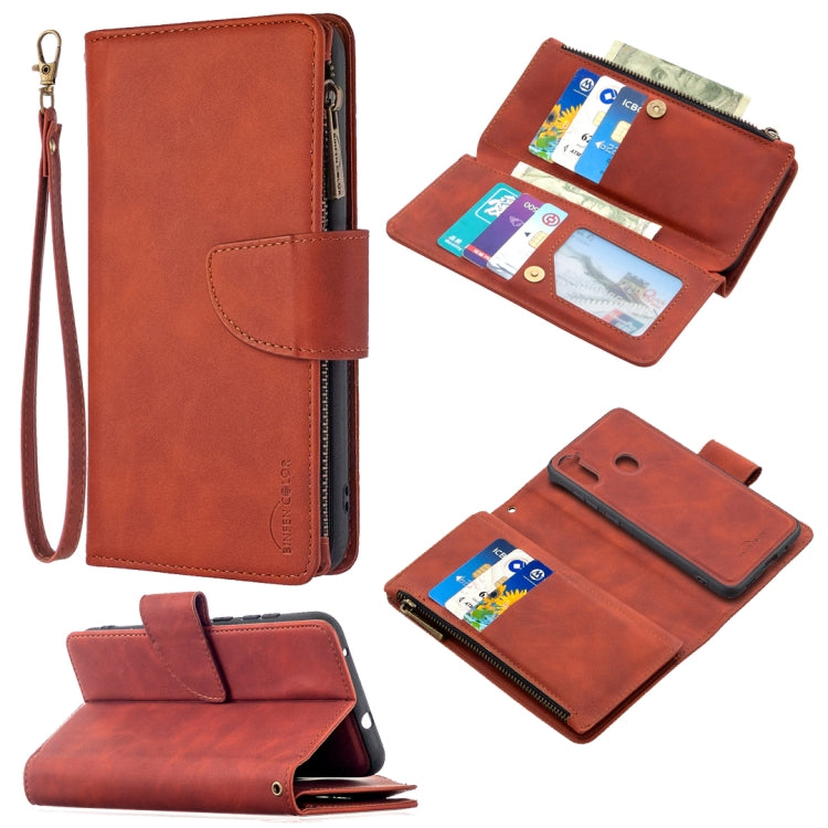 Brown PU leather flip phone wallet case with wrist strap and card slot pockets