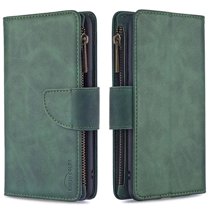 Green PU leather magnetic zipper flip phone wallet case with card slots and holder