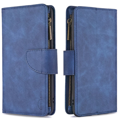 Open-and-closed blue PU leather magnetic zipper flip phone wallet case with card slots