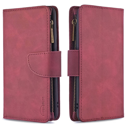 PU leather phone wallet case with magnetic flap and zipper, burgundy