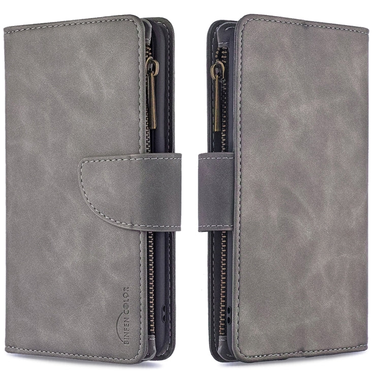 Gray PU leather flip wallet case with magnetic closure, card slots, and zipper pocket